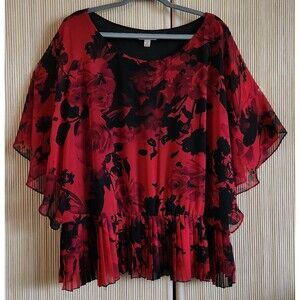 CB established 1962 Women's Blouse Size 3X Red Black Floral Pullover Peplum EUC
